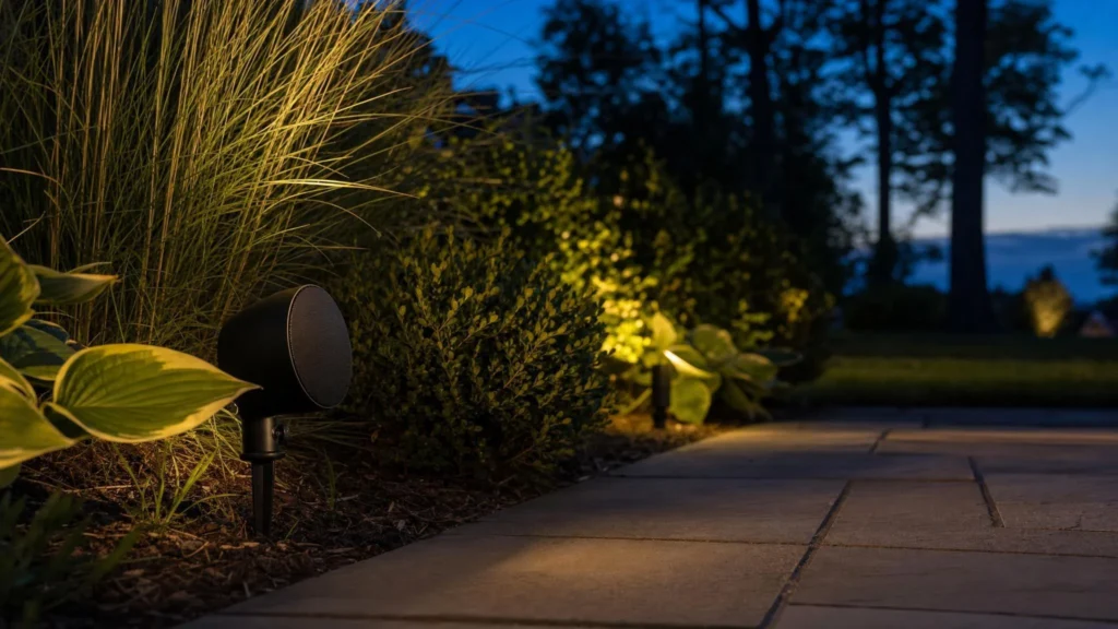 Small black staked outdoor speaker tucked among ornamental grasses at a patio edge.